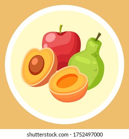 Natural fresh fruits in circle. Red apple, green pear, cutted apricot. Sweet dessert. Organic products for fruit salad. Healthy eating, keeping diet. Summer fruits. Colorful web icon in cartoon style