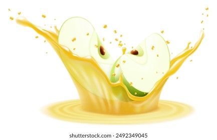 Natural fresh green apple falls into splash of fresh apple juice. Transparent splash and drops, Refreshing splash of juice with an apple, realistic 3d vector illustration