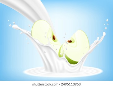 Natural fresh green apple in splash of yogurt or milkshake, cocktail splash and drops, Milk splash with apple. realistic 3d vector illustration