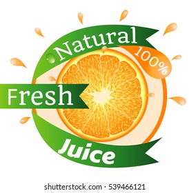 Natural Fresh Juice, 100% Percent, Sticker, Orange, Spray, Fresh, Organic, Vector Illustration EPS10