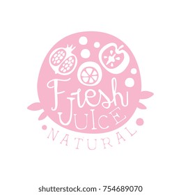 Natural fresh juice logo, drinks label in pink colors, eco product badge, menu element colorful hand drawn vector Illustration on a white background