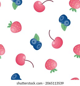 Natural fresh large organic strawberries, blueberries, cherries seamless pattern vector illustration on a white background. Print for textiles, paper, tableware