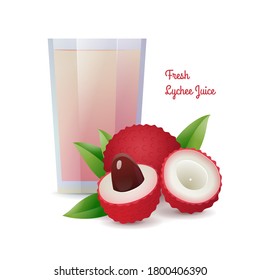 Natural fresh lychee juice in glass. Tropical vitamin detox drink and raw ripe fruits. Healthy diet, restaurant menu, vegetarian product banner vector illustration isolated on white background