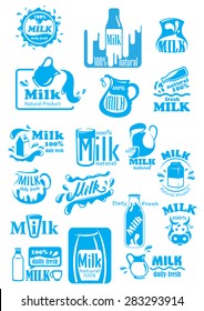 Natural fresh milk blue labels and icons including bottles, packs, jugs and glasses with splashes or drops, for food or beverage package design