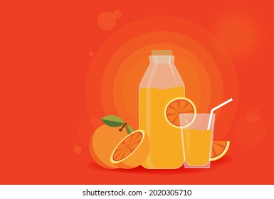 Natural fresh orange juice in a glass bottle, with whole orange and one slice, served in a glass with a tube for drinking, with beautiful background. Flat design Vector illustration EPS10 