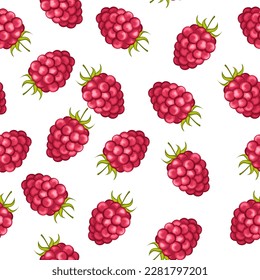 Natural fresh organic forest raspberry with green leaves. seamless pattern vector illustration. Bright, red, juicy, summery, fruity. for wrapping paper and textiles,clothing design and food packaging