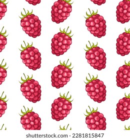 Frambuesa natural fresca de bosque orgánico con hojas verdes. ilustración vectorial de patrón transparente. Brillante, rojo, jugoso, verano, frugal. para el embalaje de papel y textiles, el diseño de prendas de vestir y el envasado de alimentos