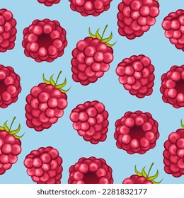 Natural fresh organic forest raspberry with green leaves. seamless pattern vector illustration. Bright, red, juicy, summery, fruity. for wrapping paper and textiles,clothing design and food packaging