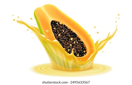 Natural fresh papaya in a splash of juice with drops. Tropical Fruits papaw half with seeds, Refreshing splash of juice with an papaya, realistic 3d vector illustration