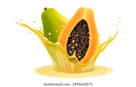 Natural fresh papaya in a splash of juice with drops. Tropical Fruits Papaya From Indonesia, Refreshing splash of juice with an papaya, realistic 3d vector illustration