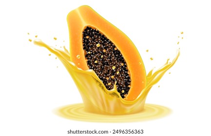 Natural fresh papaya in a splash of juice with drops. Tropical Fruits papaw half with seeds, Refreshing splash of juice with an papaya, realistic 3d vector illustration