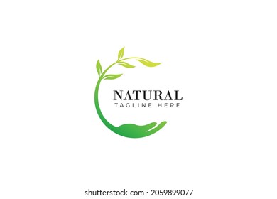 Natural Fresh Plant with Hand Abstract Logo for Eco friendly and Environment. Gradient Green Colors.
