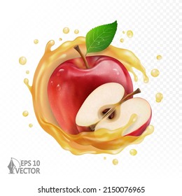 Natural fresh red apple and half, realistic apple juice, transparent splash and drops, 3d vector illustration