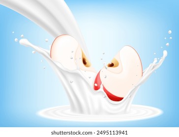 Natural fresh red apple in splash of yogurt or milkshake, cocktail splash and drops, Milk splash with apple. realistic 3d vector illustration