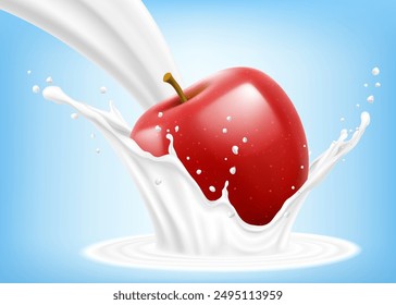 Natural fresh red apple in splash of yogurt or milkshake, cocktail splash and drops, Milk splash with apple. realistic 3d vector illustration