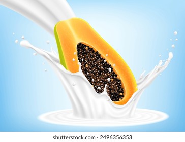 Natural fresh Ripe Papaya in splash of yogurt or milkshake, cocktail splash and drops, Milk splash with Papaya fruits. Realistic 3d vector illustration