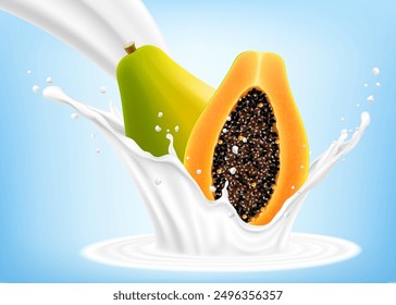 Natural fresh Ripe Papaya in splash of yogurt or milkshake, cocktail splash and drops, Milk splash with Papaya fruits. Realistic 3d vector illustration