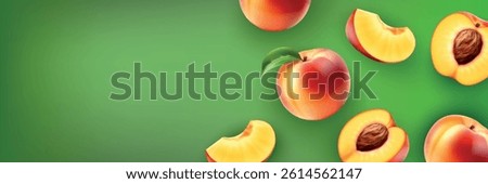 Natural fresh ripe peaches, pieces and whole falling on green background. 3D food illustration.