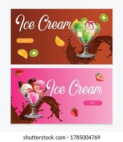 Natural fruit ice cream balls desserts with chocolate splash 2 realistic horizontal background web banners vector illustration         