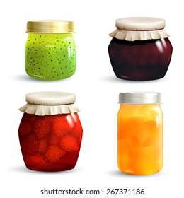 Natural Fruit Jam Preserves Jar Set With Realistic Kiwi Cherry Strawberry And Peach Marmalade Isolated Vector Illustration