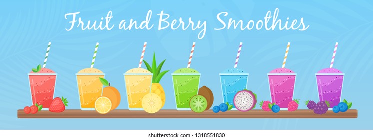 Natural fruit smoothie rainbow colection vector illustration. Sweet protein shake or vegeterian juicy cocktail set in glass cup with straw and fresh fruits for smoothie social media promotion banner