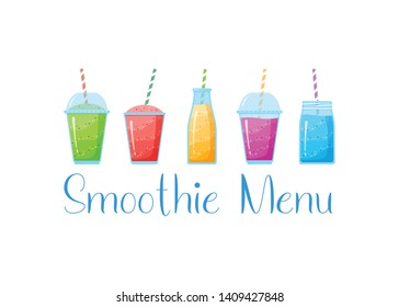 Natural fruit smoothie rainbow logo vector illustration. Sweet protein shake or vegeterian juicy cocktail set in glass cup with straw isolated on white background for smoothie social media banner