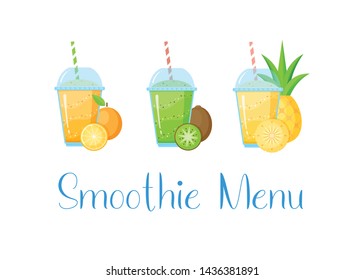 Natural fruit smoothie shake colection vector illustration. Sweet protein shake or vegeterian juicy cocktail set in glass cup with straw isolated on white background for smoothie social media banner