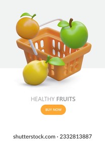 Natural fruits, healthy food. Concept for vertical advertising of grocery store. Template with realistic illustration, text, button. Buy now. Online selection and purchase of fresh vegetarian products