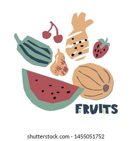 Natural fruits illustration in paper cut style. Fruits text. Vector isolated icons illustration.  Hand drawn, organic fruits or vegetarian food set for card, menu, poster, broshure design