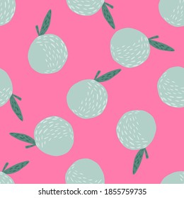 Natural fruits seamless patttern with apples in bright colors. Random organic vitamin blue shapes on pink bakground. Flat vector print for textile, fabric, giftwrap, wallpapers. Endless illustration.