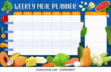 Horario semanal de planificación de comidas de frutas naturales, verduras y productos lácteos, lista de verificación del organizador. Plan de alimentación vectorial para la semana, menú de calendario para el desayuno, el almuerzo y la cena, planeamiento de comidas dietéticas