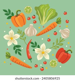 Natural Fruits and Vegetables Ingredients Illustration