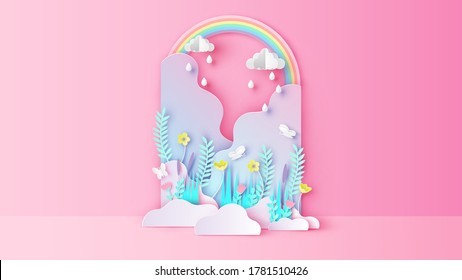 Natural garden scene design decorated with flowers, plants, grass, butterflies, raindrops and rainbow. Beautiful springtime. paper cut and craft style. vector, illustration.