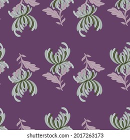 Natural garden seamless pattern with green chrysanthemum flowers print. Purple background. Flat vector print for textile, fabric, giftwrap, wallpapers. Endless illustration.