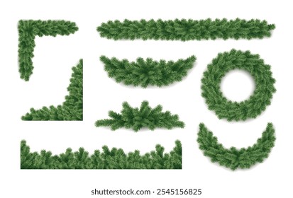 Natural garlands of spruce plant branches realistic vector icons set. Christmas ornaments of forest materials 3d objects illustrations on white