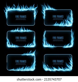 Natural gas blue fire flames on frame. Heating and fuel market, forge or hot sales horizontal banner, frame or corner with realistic vector burning blue methane, propane or butane gas blue flames