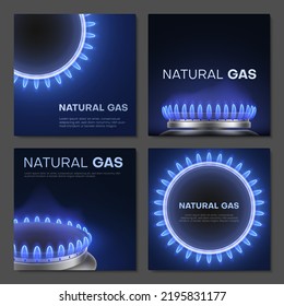 Natural Gas Circle Burning Flame Fuel Blaze Heat Power Energy Poster Set Realistic Vector Illustration. Domestic Kitchen Warm Cooker Stove Luminosity Blue Light Methane In Darkness Advertising Placard