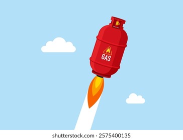 Natural gas in cylinder flying high. Price skyrocket reaching record. Trading natural gas. Modern flat style vector illustration