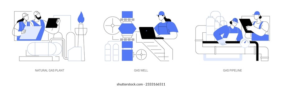 Conjunto de ilustraciones vectoriales abstractas de extracción de gas natural. Planta de gas natural, perforación de pozos con bombeo, tubería de transporte, extracción de combustible, metáfora abstracta de fracturación hidráulica.