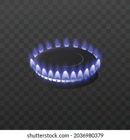 Natural gas flame of kitchen stove, realistic vector illustration isolated on dark transparent background. Gas burner or gas-ring flaming jets template or mockup.