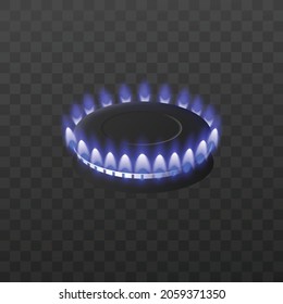 Natural gas flame of kitchen stove, realistic vector illustration isolated on dark transparent background. Gas burner or gas-ring flaming jets template or mockup.