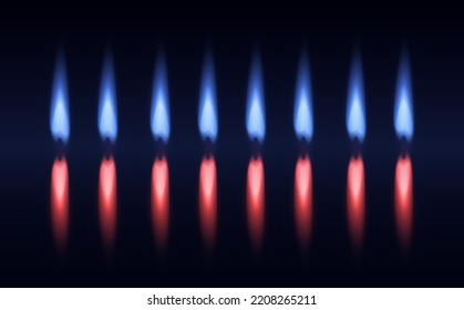 Natural gas flames and red fire. Composition, reflection on blue background.