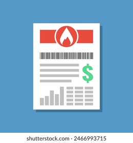 natural gas or heat bill flat design vector illustration, increasing cost of living concept, utility utility paper invoice pictogram