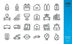 Natural Gas Isolated Icons Set. Set Of Gas Production Plant, Flame, LPG Cylinder, Home Gasification, Pipeline, Gas Alarm Detector, Valve, Heater, House Heating, Wagon, Carrier, Counter Vector Icon.