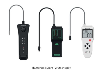 Detector de fugas de gas natural LPG NGV prueba de medición de detección de fugas conjunto de ilustración vectorial realista. Industrial residencial semiconductor inspeccionar la protección de hidrógeno evitar la tubería de exhibición