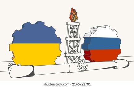 Natural Gas And Oil Transit From Russia To Ukraine Concept. Gas Rig, Gears And Pipe. National Flags