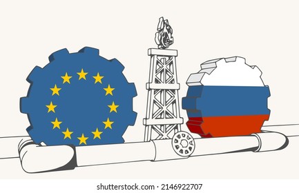 Natural gas and oil transit from Russia to European Union concept. Gas rig, gears and pipe. National flags