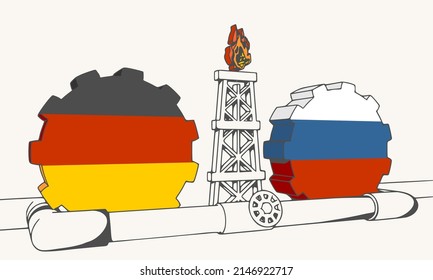 Natural gas and oil transit from Russia to Germany concept. Gas rig, gears and pipe. National flags