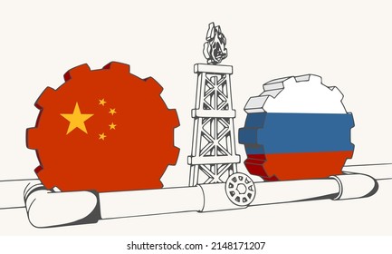 Natural Gas And Oil Transit From Russia To China Concept. Gas Rig, Gears And Pipe. National Flags