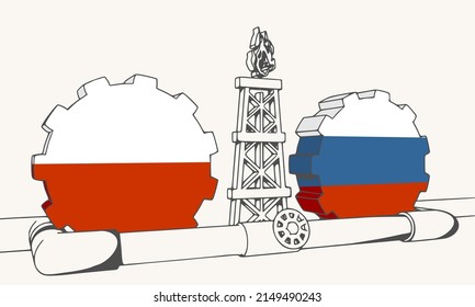 Natural gas and oil transit from Russia to Poland concept. Gas rig, gears and pipe. National flags